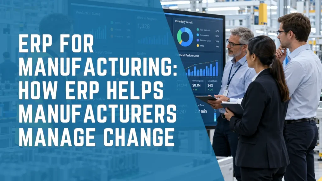 Manufacturing leaders reviewing ERP production, inventory, and financial data on the factory floor.
