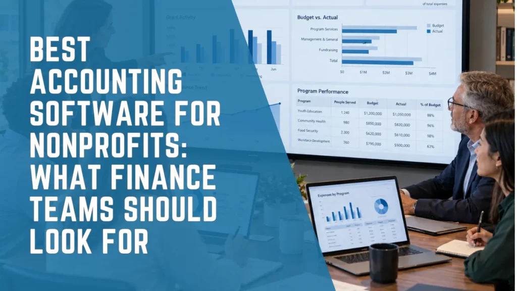 Nonprofit finance team evaluating accounting software through financial dashboards and grant reporting.