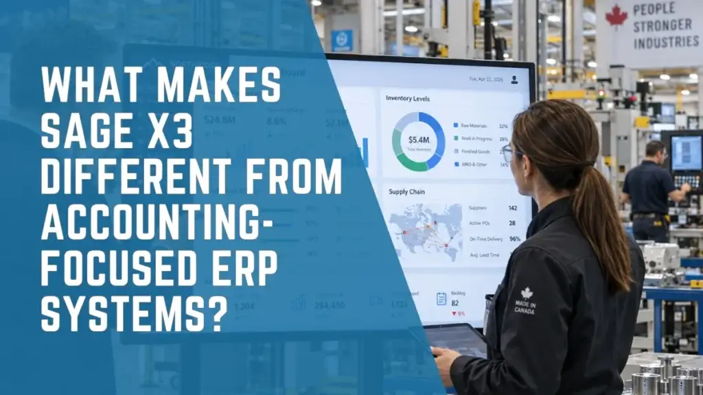 ERP vs accounting software comparison showing Sage X3 financial management, manufacturing, inventory and supply chain integration.