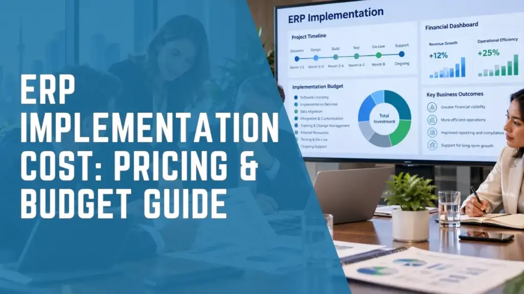 CFO and ERP consulting team reviewing ERP implementation costs, project timeline, and financial dashboards in a modern boardroom.