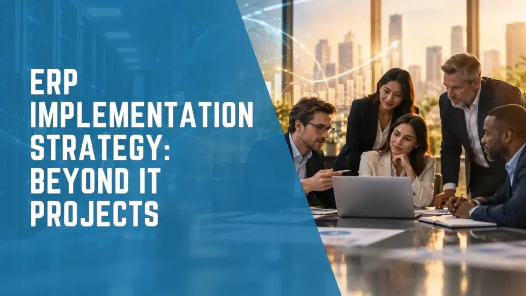 ERP business transformation showing executives collaborating on financial strategy, connected technology systems, and data-driven business growth.