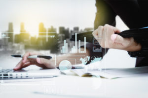 Double exposure of business woman does data management.